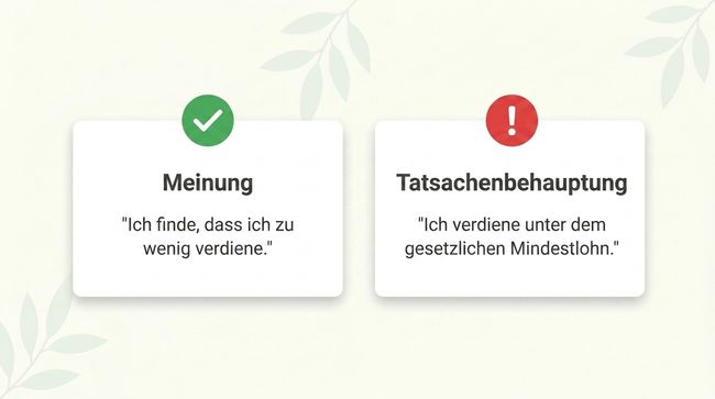 Gegenüberstellung von Meinung und Tatsachenbehauptung: Ich finde, dass ich zu wenig verdiene, gegen Ich verdiene unter dem gesetzlichen Mindestlohn