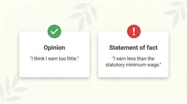 Opinion versus statement of fact: I think I earn too little against I earn less than the statutory minimum wage