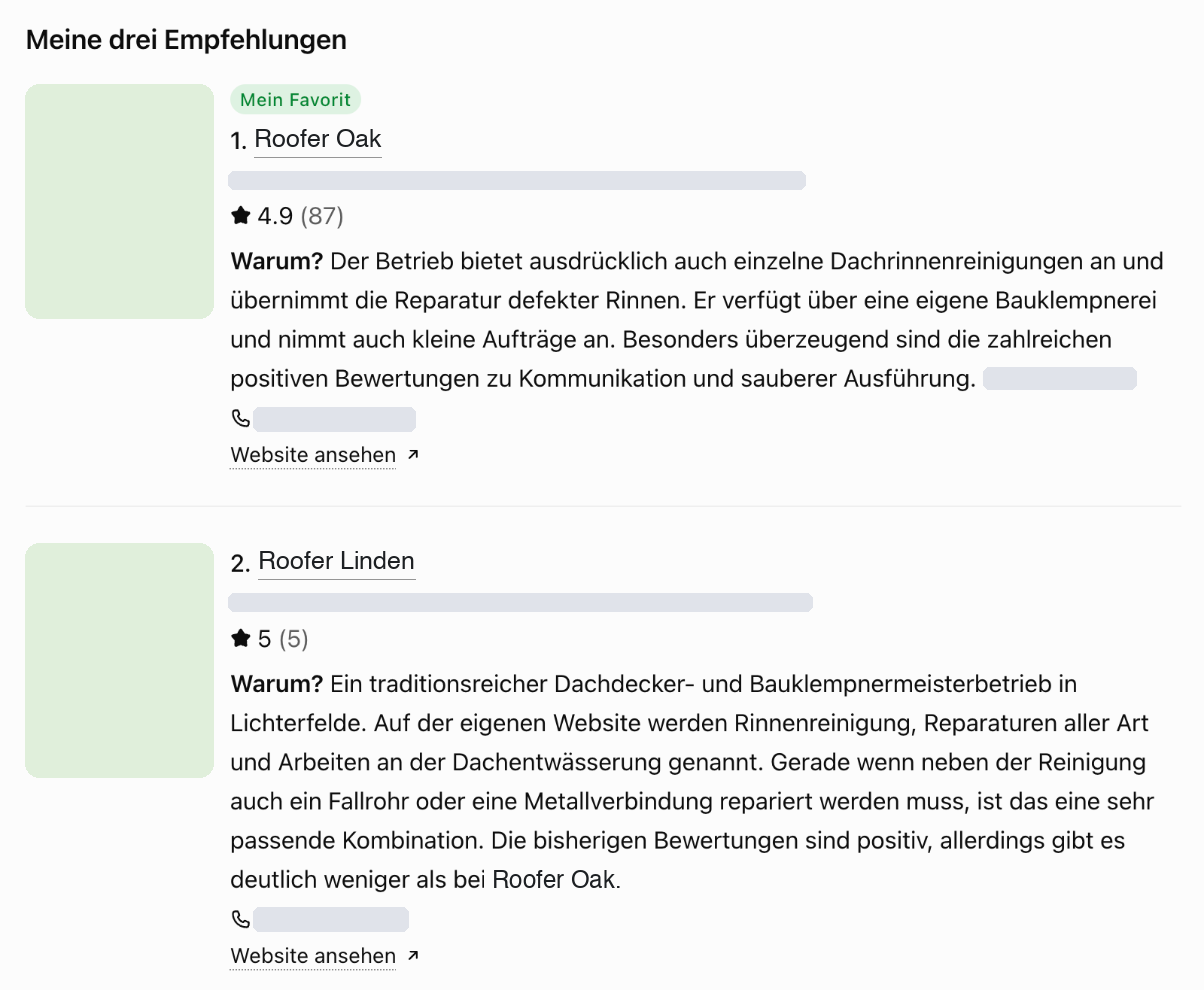 Part of a ChatGPT answer in German: roofer Oak in first place with 4.9 stars from 87 reviews, roofer Linden in second place with 5 stars from 5 reviews. ChatGPT gives the many positive reviews for roofer Oak as a reason and notes that roofer Linden has far fewer reviews. Addresses, phone numbers and photos blurred out.