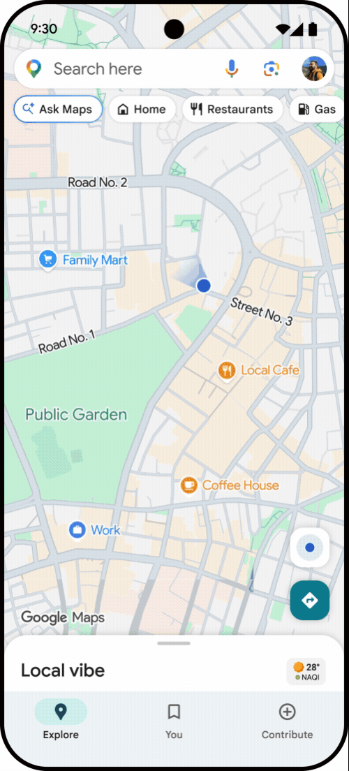 Ask Maps walkthrough: a user asks about a restaurant, Gemini summarizes reviews into bullet points